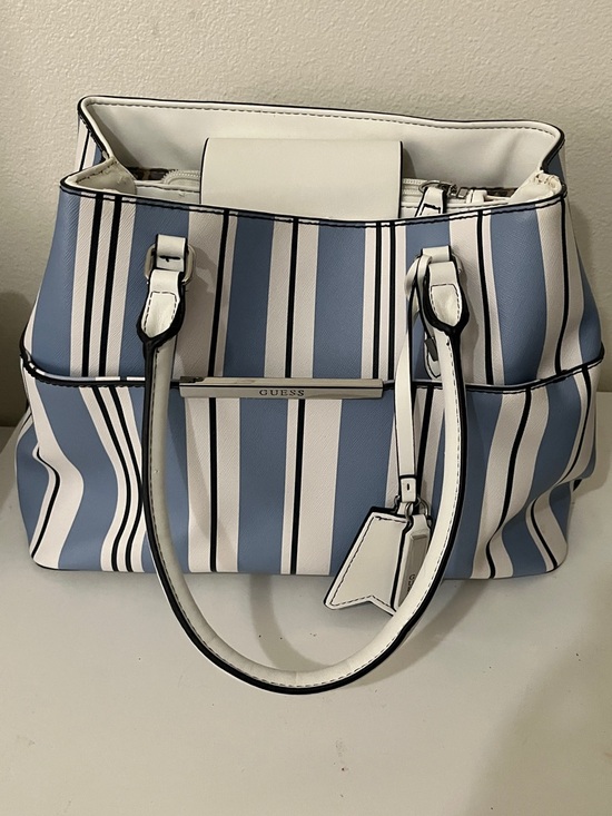 GUESS Blue and White Vertical Stripe Tote